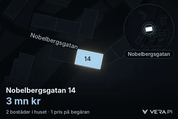 VERA PI:s bild av Nobelbergsgatan 14: huset i 3D, upplyst i blått, och kartan runt omkring