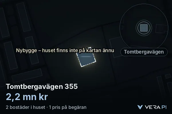 VERA PI's image of Tomtbergavägen 355: the building in 3D, lit in blue, and the map around it