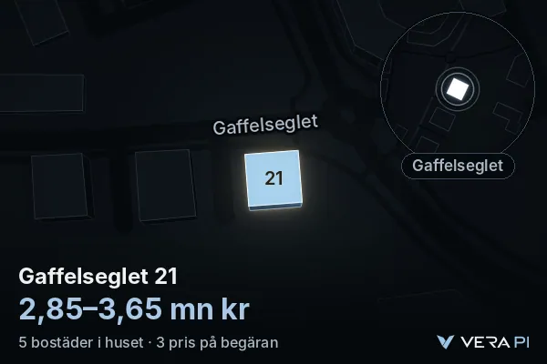 VERA PI:s bild av Gaffelseglet 21: huset i 3D, upplyst i blått, och kartan runt omkring