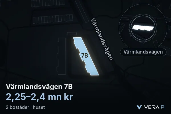 VERA PI:s bild av Värmlandsvägen 7B: huset i 3D, upplyst i blått, och kartan runt omkring