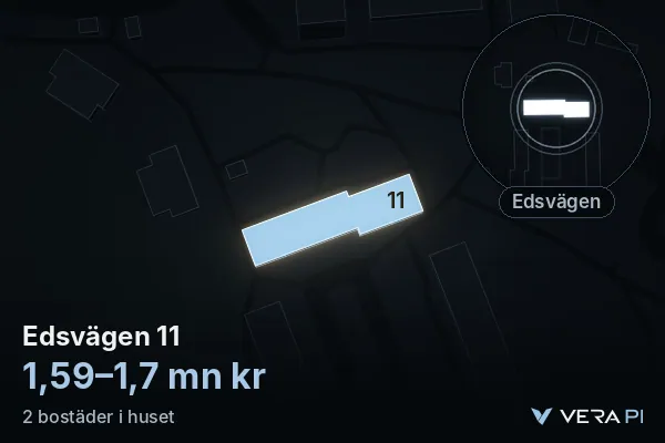 VERA PI's image of Edsvägen 11: the building in 3D, lit in blue, and the map around it