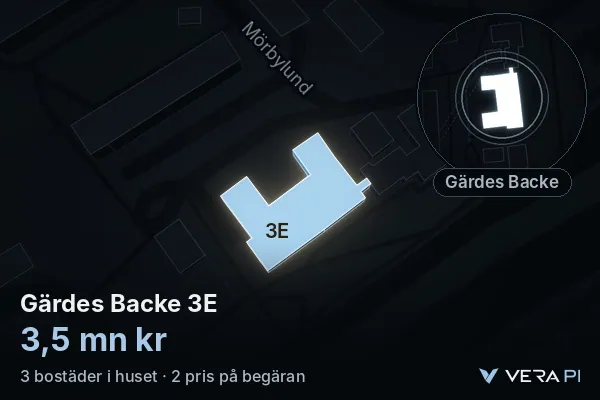 VERA PI's image of Gärdes Backe 3E: the building in 3D, lit in blue, and the map around it