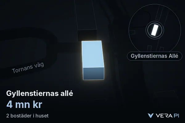 VERA PI's image of Gyllenstiernas allé: the building in 3D, lit in blue, and the map around it