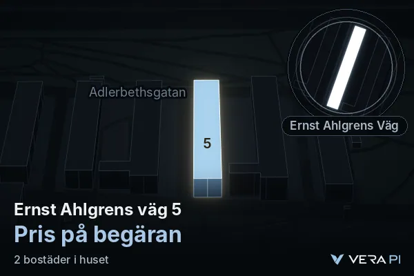 VERA PI:s bild av Ernst Ahlgrens Väg 5: huset i 3D, upplyst i blått, och kartan runt omkring