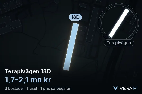 VERA PI:s bild av Terapivägen 18D: huset i 3D, upplyst i blått, och kartan runt omkring