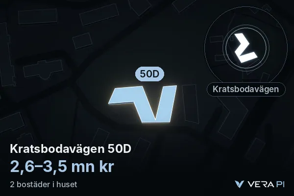 VERA PI:s bild av Kratsbodavägen 50D: huset i 3D, upplyst i blått, och kartan runt omkring