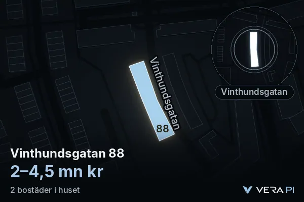 VERA PI:s bild av Vinthundsgatan 88: huset i 3D, upplyst i blått, och kartan runt omkring