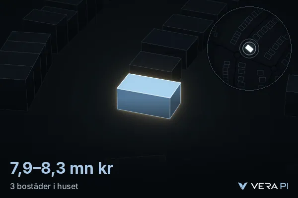 VERA PI:s bild av Älta-Erstavik: huset i 3D, upplyst i blått, och kartan runt omkring