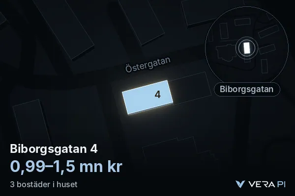 VERA PI's image of Biborgsgatan 4: the building in 3D, lit in blue, and the map around it