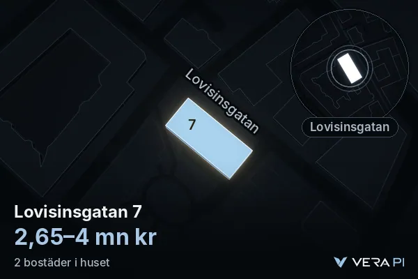 VERA PI's image of Lovisinsgatan 7: the building in 3D, lit in blue, and the map around it