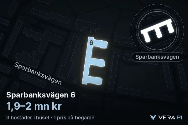 VERA PI:s bild av Sparbanksvägen 6: huset i 3D, upplyst i blått, och kartan runt omkring