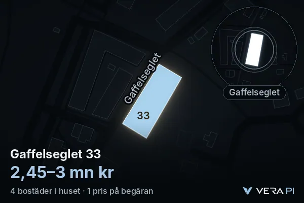 VERA PI:s bild av Gaffelseglet 33: huset i 3D, upplyst i blått, och kartan runt omkring