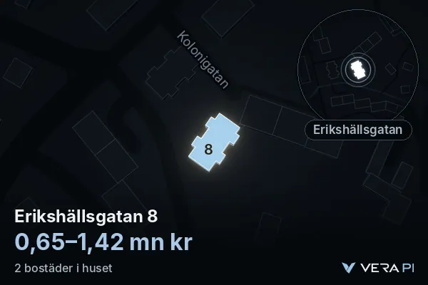 VERA PI:s bild av Erikshällsgatan 8: huset i 3D, upplyst i blått, och kartan runt omkring