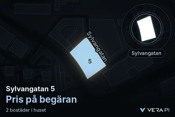 VERA PI's image of Sylvangatan 5: the building in 3D, lit in blue, and the map around it