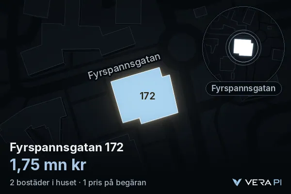 VERA PI:s bild av Fyrspannsgatan 172: huset i 3D, upplyst i blått, och kartan runt omkring