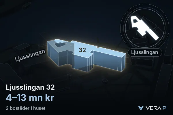 VERA PI:s bild av Ljusslingan 32: huset i 3D, upplyst i blått, och kartan runt omkring