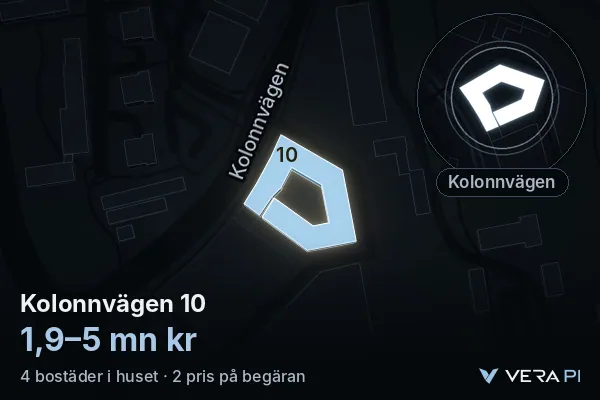 VERA PI's image of Kolonnvägen 10: the building in 3D, lit in blue, and the map around it