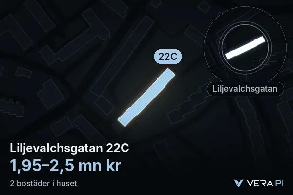 VERA PI's image of Liljevalchsgatan 22C: the building in 3D, lit in blue, and the map around it