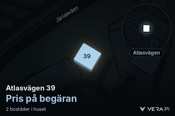 VERA PI:s bild av Atlasvägen 39: huset i 3D, upplyst i blått, och kartan runt omkring
