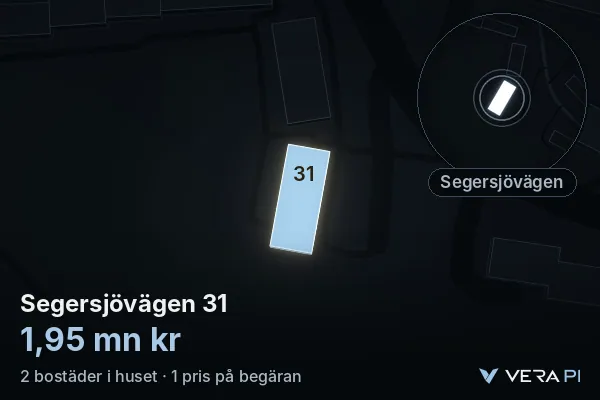 VERA PI's image of Segersjövägen 31: the building in 3D, lit in blue, and the map around it