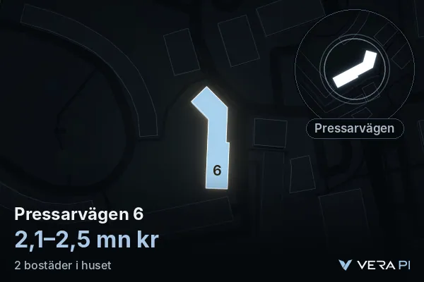 VERA PI's image of Pressarvägen 6: the building in 3D, lit in blue, and the map around it