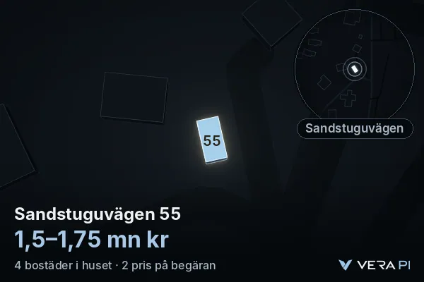 VERA PI's image of Sandstuguvägen 55: the building in 3D, lit in blue, and the map around it