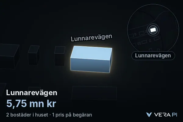VERA PI:s bild av Lunnarevägen: huset i 3D, upplyst i blått, och kartan runt omkring