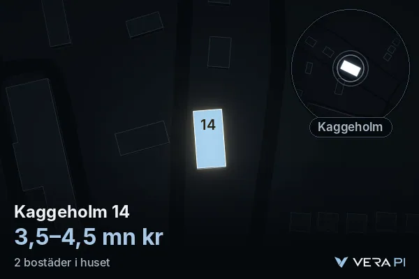 VERA PI's image of Kaggeholm 14: the building in 3D, lit in blue, and the map around it