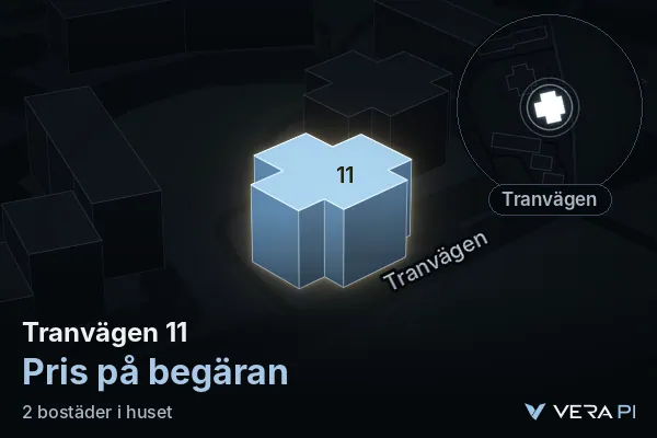 VERA PI:s bild av Tranvägen 11: huset i 3D, upplyst i blått, och kartan runt omkring