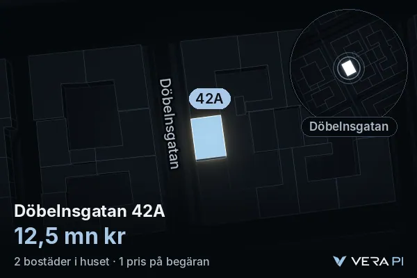 VERA PI's image of Döbelnsgatan 42A: the building in 3D, lit in blue, and the map around it