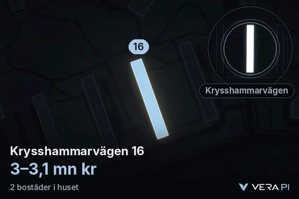 VERA PI's image of Krysshammarvägen 16: the building in 3D, lit in blue, and the map around it