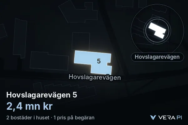 VERA PI's image of Hovslagarevägen 5: the building in 3D, lit in blue, and the map around it