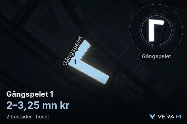 VERA PI's image of Gångspelet 1: the building in 3D, lit in blue, and the map around it