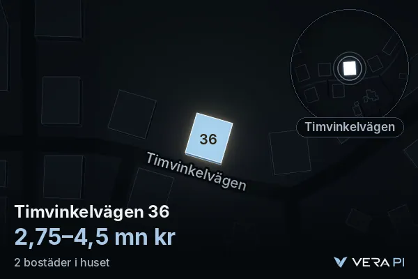 VERA PI:s bild av Timvinkelvägen 36: huset i 3D, upplyst i blått, och kartan runt omkring