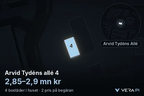 VERA PI's image of Arvid Tydéns allé 4: the building in 3D, lit in blue, and the map around it