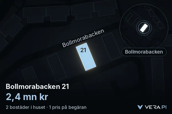 VERA PI's image of Bollmorabacken 21: the building in 3D, lit in blue, and the map around it