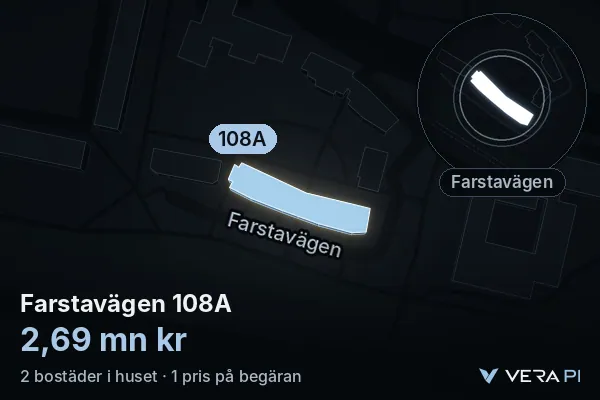VERA PI:s bild av Farstavägen 108A: huset i 3D, upplyst i blått, och kartan runt omkring