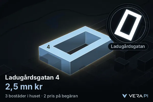 VERA PI:s bild av Ladugårdsgatan 4: huset i 3D, upplyst i blått, och kartan runt omkring