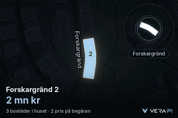 VERA PI:s bild av Forskargränd 2: huset i 3D, upplyst i blått, och kartan runt omkring