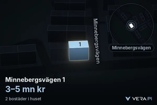 VERA PI's image of Minnebergsvägen 1: the building in 3D, lit in blue, and the map around it