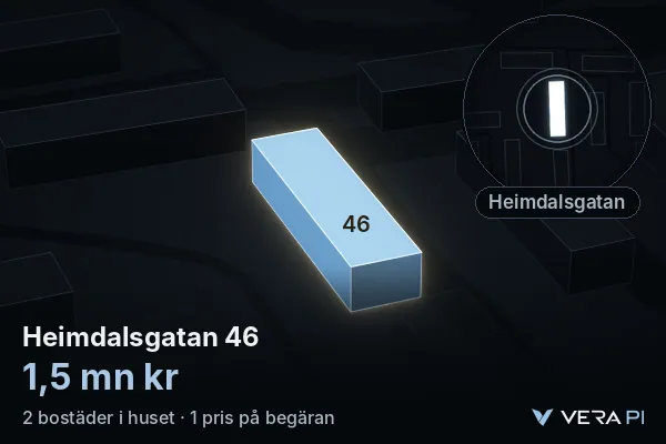 VERA PI:s bild av Heimdalsgatan 46: huset i 3D, upplyst i blått, och kartan runt omkring