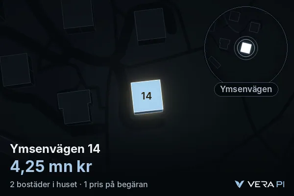 VERA PI:s bild av Ymsenvägen 14: huset i 3D, upplyst i blått, och kartan runt omkring