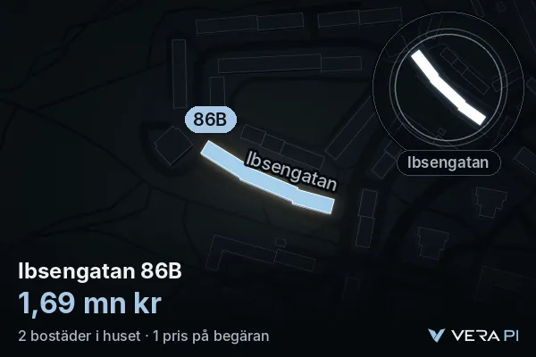 VERA PI:s bild av Ibsengatan 86B: huset i 3D, upplyst i blått, och kartan runt omkring