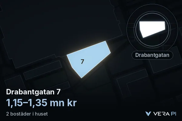 VERA PI:s bild av Drabantgatan 7: huset i 3D, upplyst i blått, och kartan runt omkring