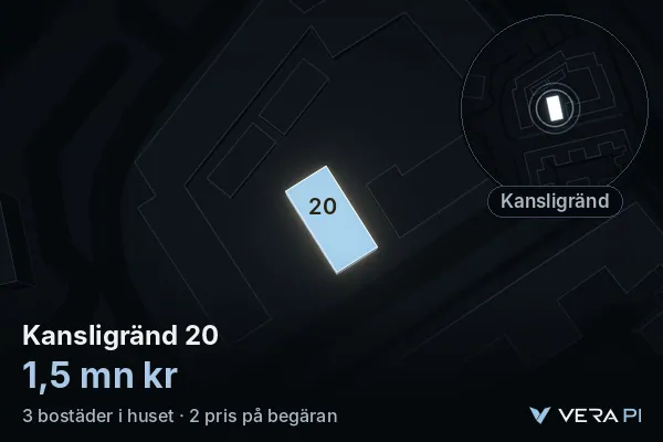 VERA PI:s bild av Kansligränd 20: huset i 3D, upplyst i blått, och kartan runt omkring