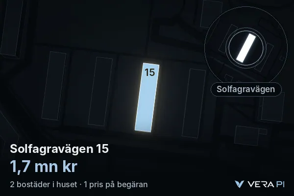 VERA PI:s bild av Solfagravägen 15: huset i 3D, upplyst i blått, och kartan runt omkring