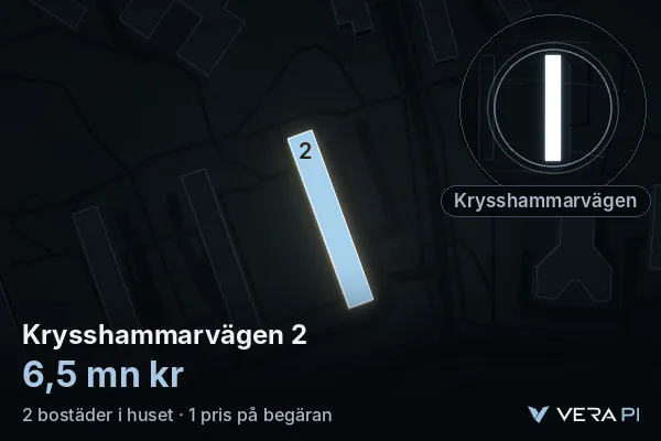 VERA PI's image of Krysshammarvägen 2: the building in 3D, lit in blue, and the map around it