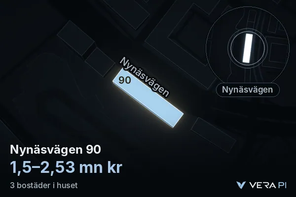 VERA PI:s bild av Nynäsvägen 90: huset i 3D, upplyst i blått, och kartan runt omkring