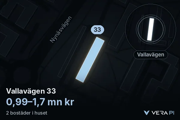 VERA PI:s bild av Vallavägen 33: huset i 3D, upplyst i blått, och kartan runt omkring