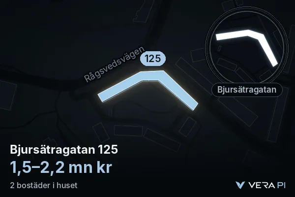 VERA PI's image of Bjursätragatan 125: the building in 3D, lit in blue, and the map around it